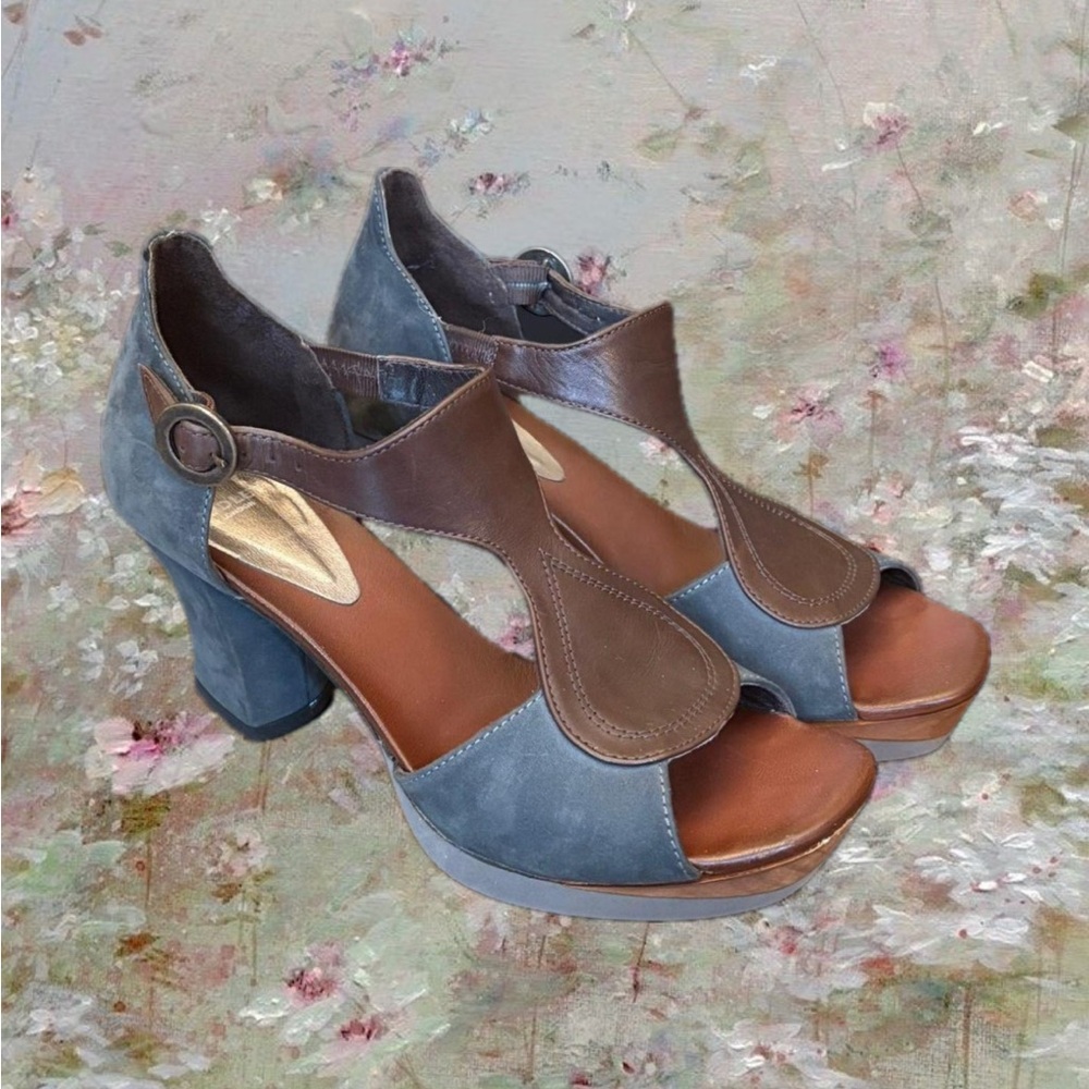 Retro Blue and Brown Chunky Heels with Peep-Toe